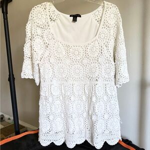 INC International Concepts White Cotton Crocheted Lined Tunic Top-Gorgeous-XL